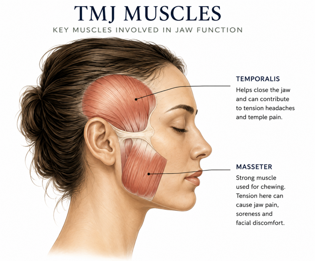 Illustration of jaw, face and neck muscles affected by TMJ tension