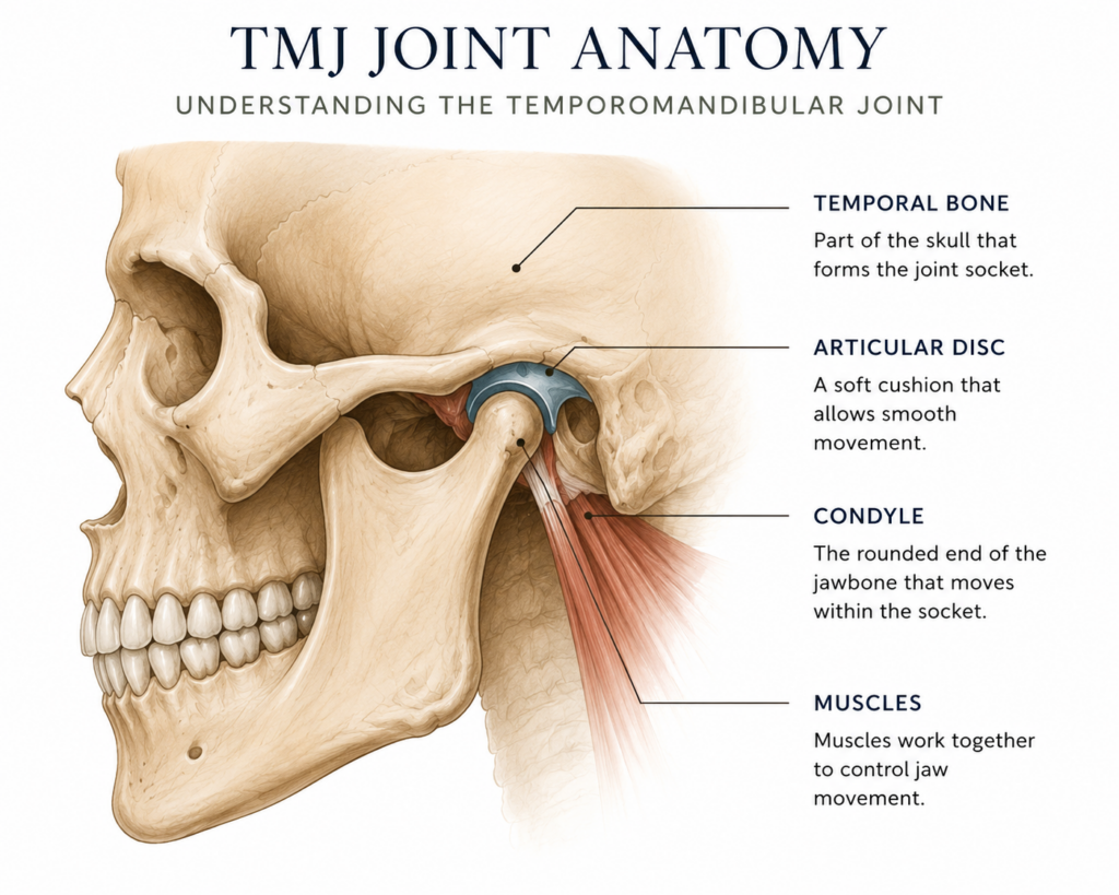 Diagram showing the temporomandibular joint (TMJ) connecting the jaw to the skull